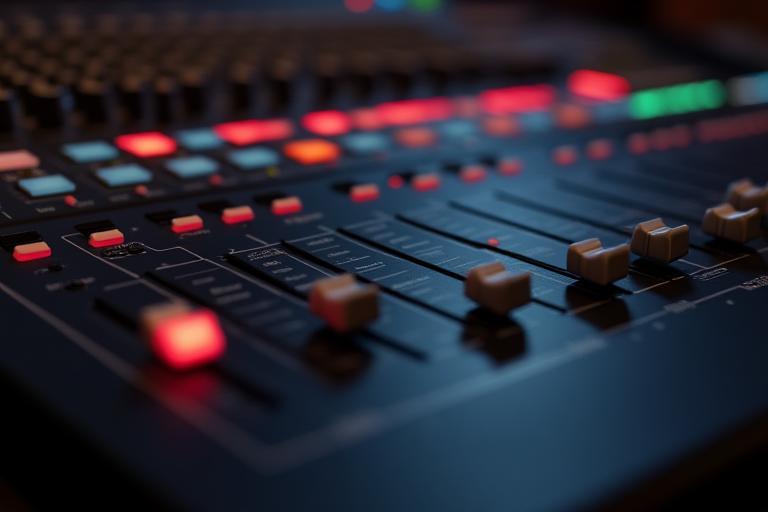 Detailed view of the faders and knobs on the mixing console at Estúdio Ondas Sonoras